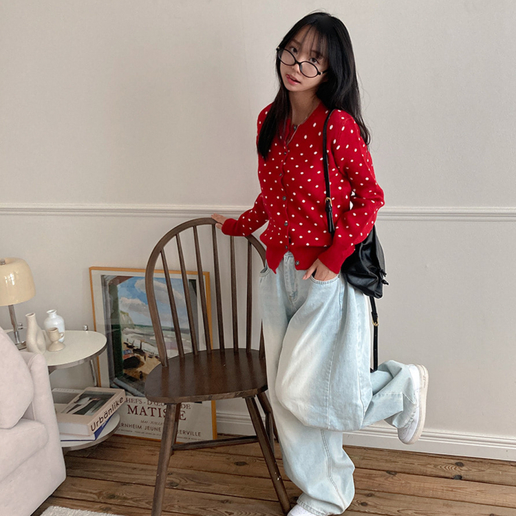 애플 도트 라운드넥 니트 가디건 레드