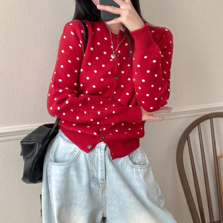 애플 도트 라운드넥 니트 가디건 레드