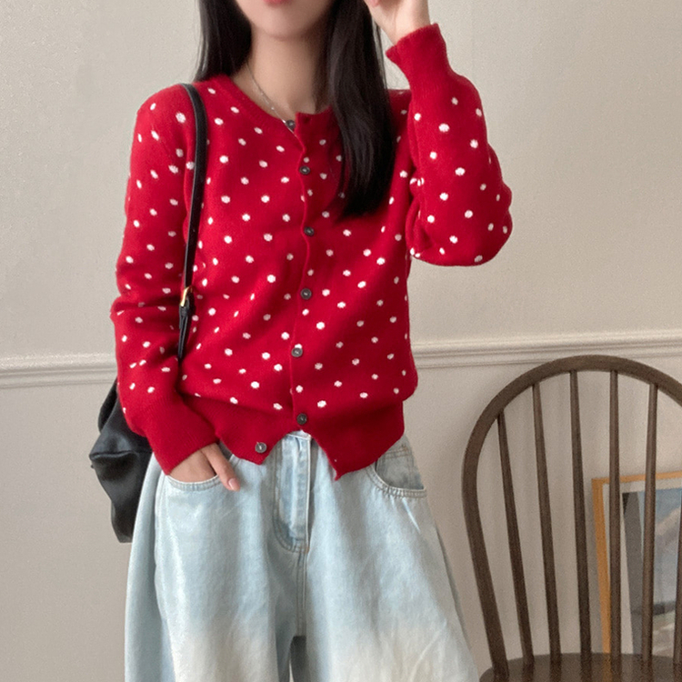 애플 도트 라운드넥 니트 가디건 레드