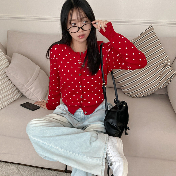 애플 도트 라운드넥 니트 가디건 레드