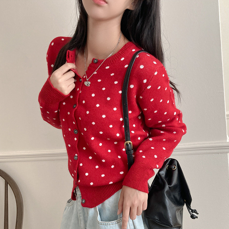 애플 도트 라운드넥 니트 가디건 레드