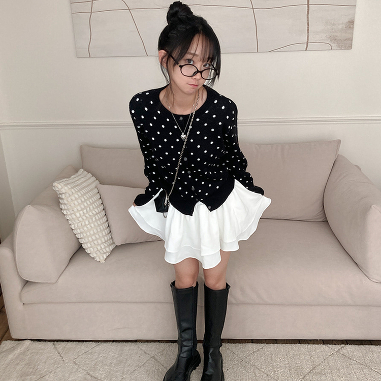 애플 도트 라운드넥 니트 가디건 블랙