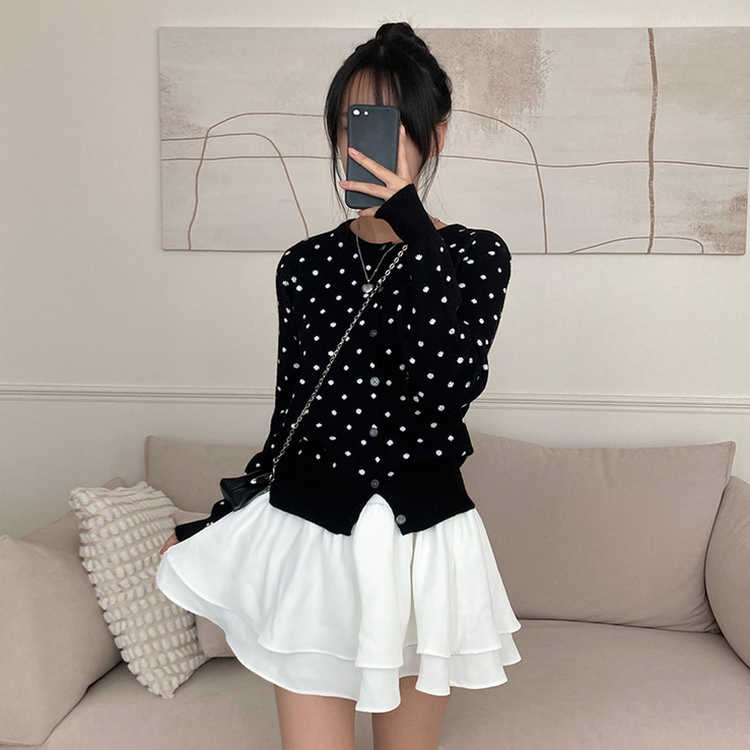 애플 도트 라운드넥 니트 가디건 블랙