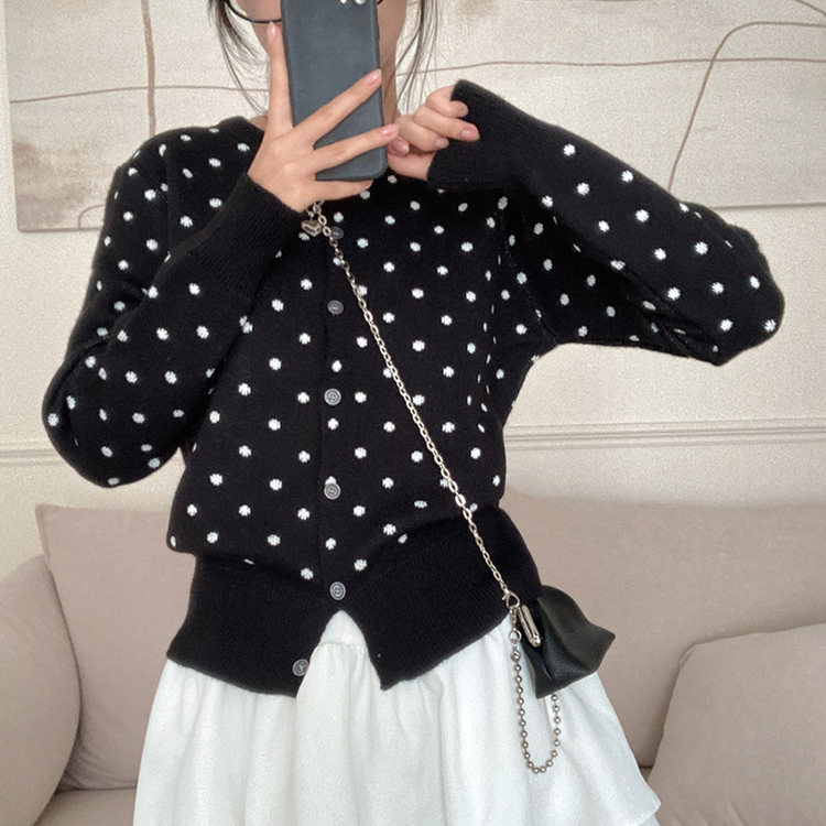 애플 도트 라운드넥 니트 가디건 블랙