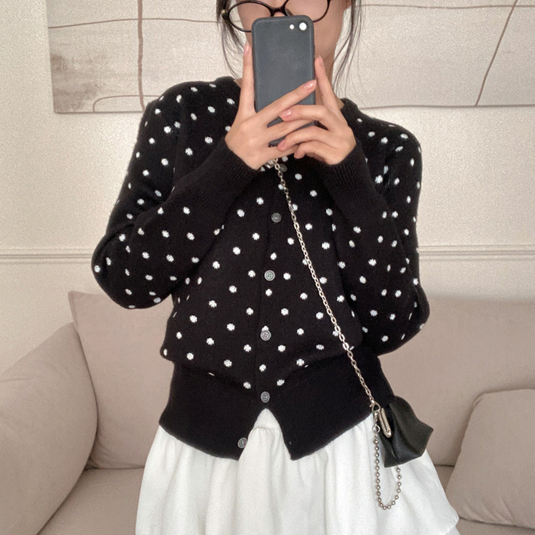 애플 도트 라운드넥 니트 가디건 블랙