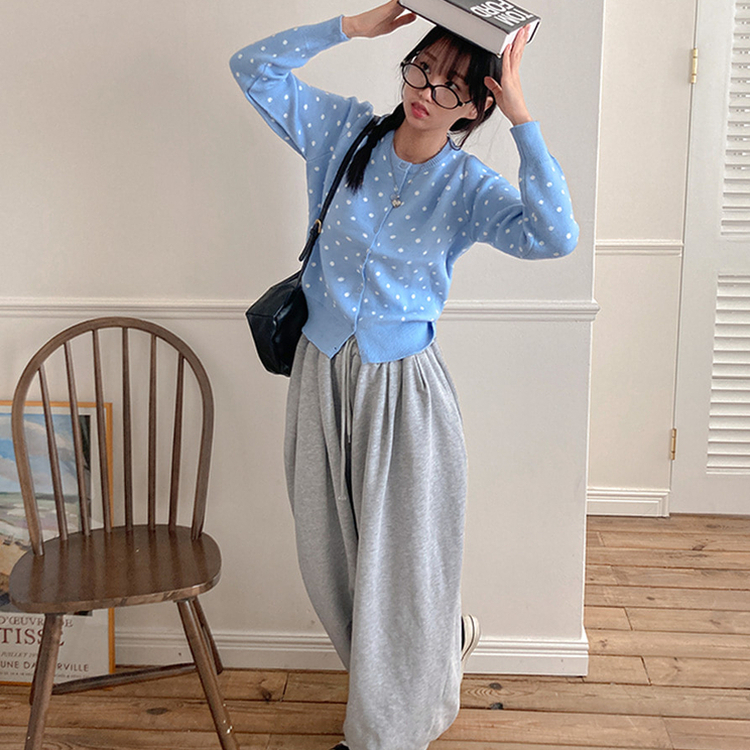 애플 도트 라운드넥 니트 가디건 소라