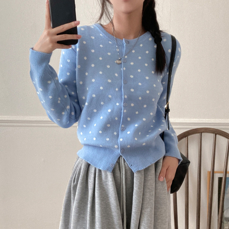 애플 도트 라운드넥 니트 가디건 소라