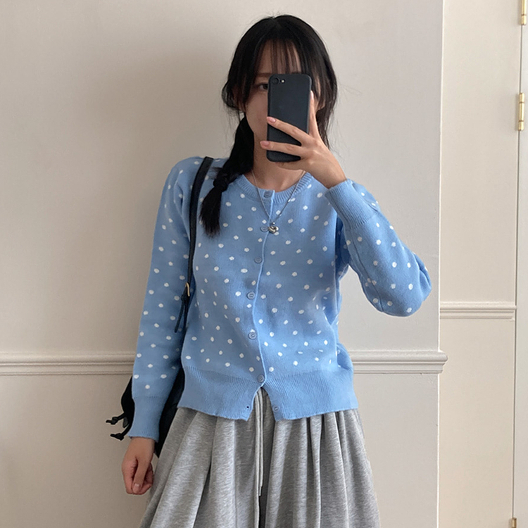 애플 도트 라운드넥 니트 가디건 소라