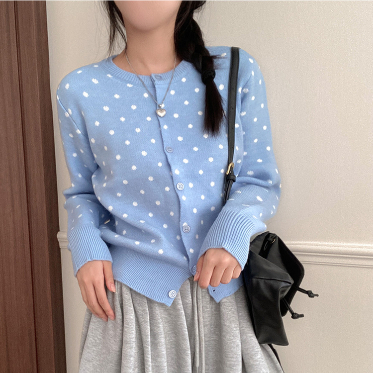 애플 도트 라운드넥 니트 가디건 소라