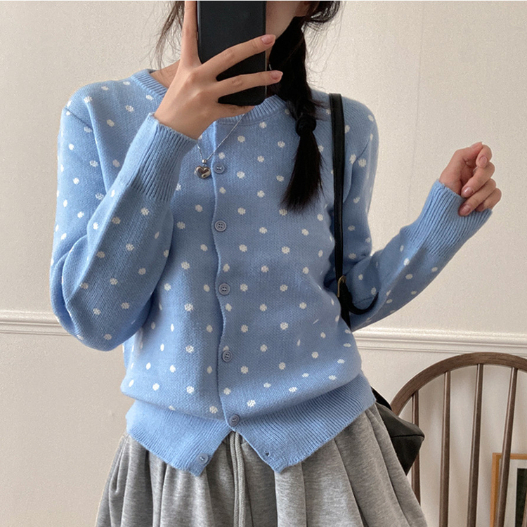 애플 도트 라운드넥 니트 가디건 소라