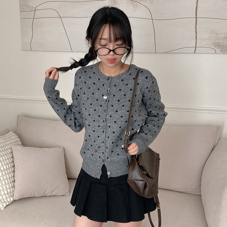 애플 도트 라운드넥 니트 가디건 그레이