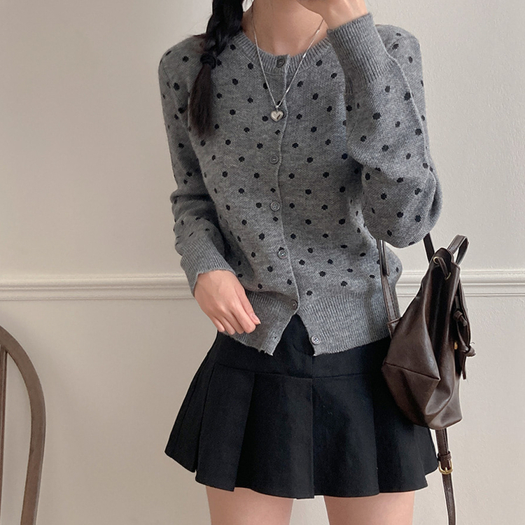 애플 도트 라운드넥 니트 가디건 그레이