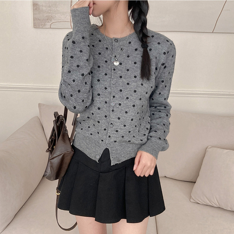 애플 도트 라운드넥 니트 가디건 그레이