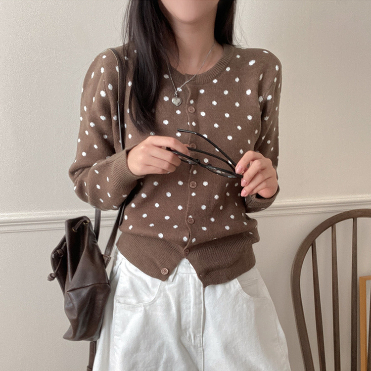 애플 도트 라운드넥 니트 가디건 브라운