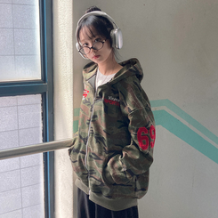 밀리언 밀리터리 카모 루즈핏 후드 집업 카키