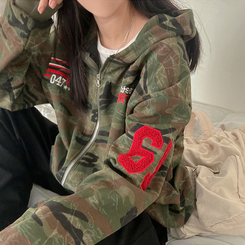 밀리언 밀리터리 카모 루즈핏 후드 집업 카키