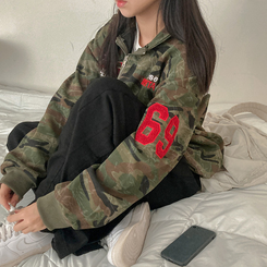 밀리언 밀리터리 카모 루즈핏 후드 집업 카키