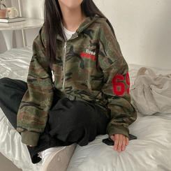 밀리언 밀리터리 카모 루즈핏 후드 집업 카키