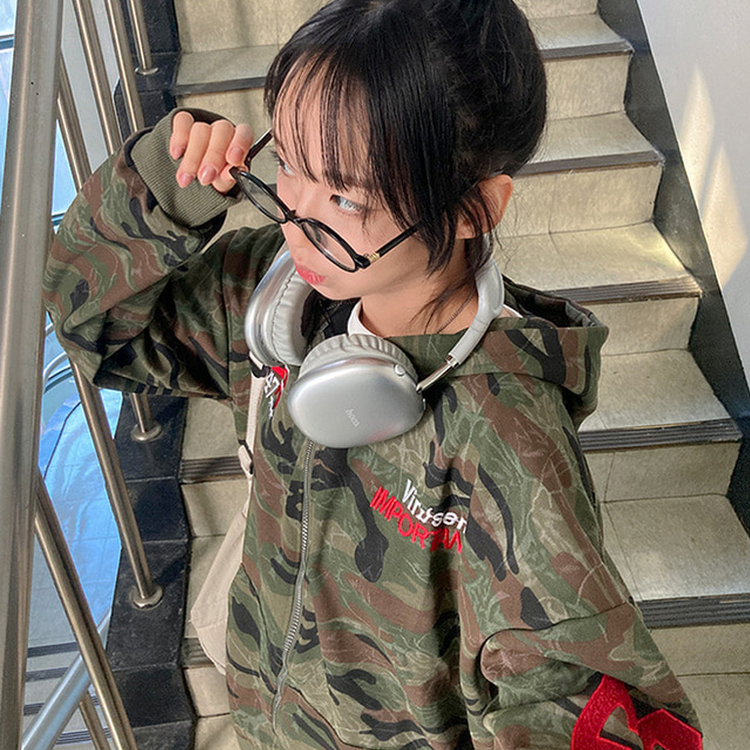 밀리언 밀리터리 카모 루즈핏 후드 집업 카키