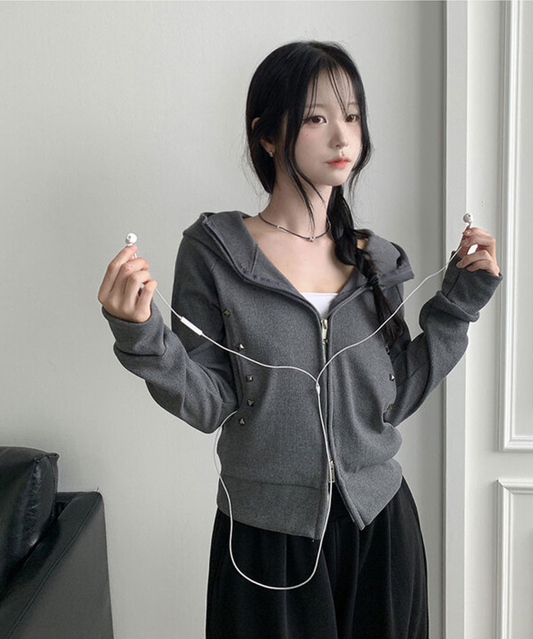 미루 세미크롭 스터드 찡 슬림핏 투웨이 골지 후드집업 그레이