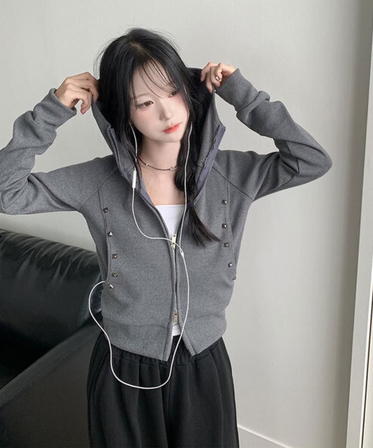 미루 세미크롭 스터드 찡 슬림핏 투웨이 골지 후드집업 그레이