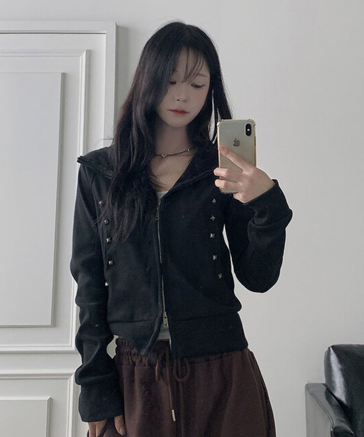 미루 세미크롭 스터드 찡 슬림핏 투웨이 골지 후드집업 블랙