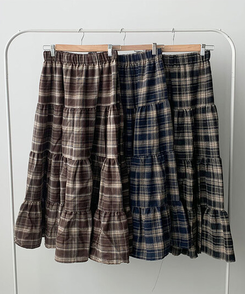 루카 올밴딩 체크패턴 프릴 캉캉 롱 스커트