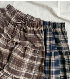 루카 올밴딩 체크패턴 프릴 캉캉 롱 스커트