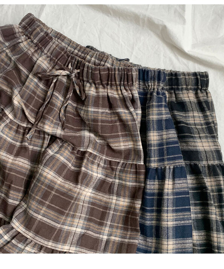 루카 올밴딩 체크패턴 프릴 캉캉 롱 스커트