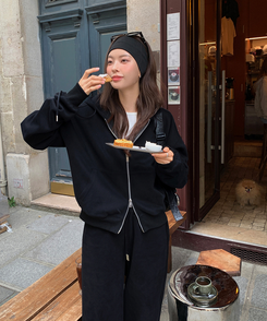 刺繍フードジップアップ BLACK