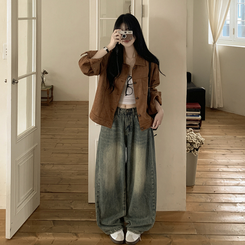 카라 투포켓 스웨이드 레더 숏자켓 연밤