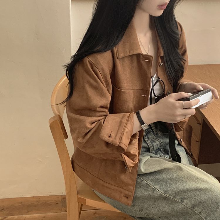 카라 투포켓 스웨이드 레더 숏자켓 연밤