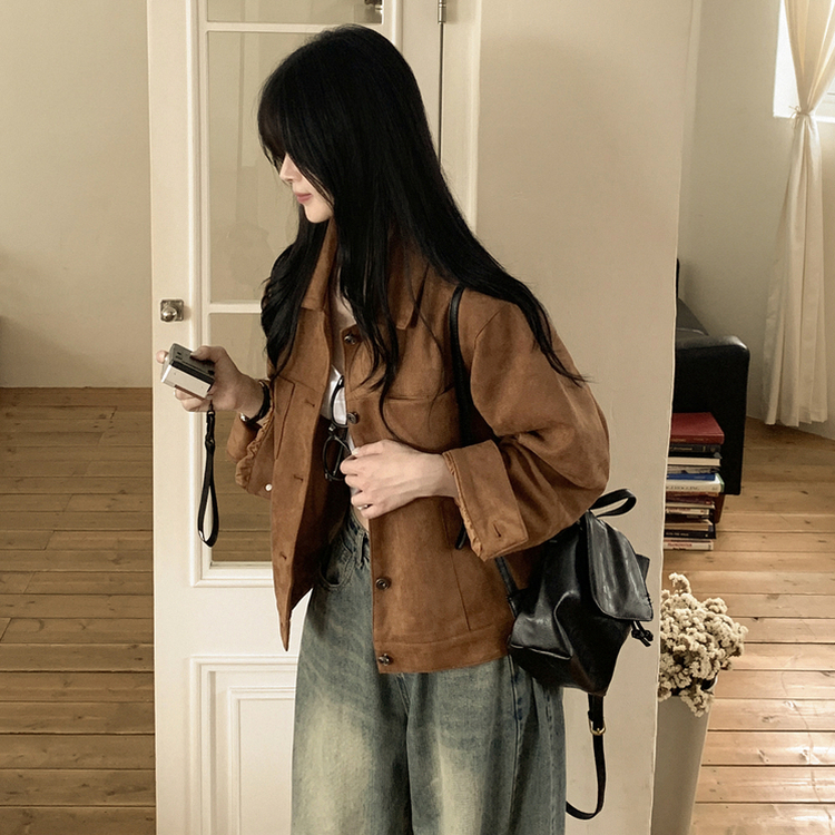 카라 투포켓 스웨이드 레더 숏자켓 연밤