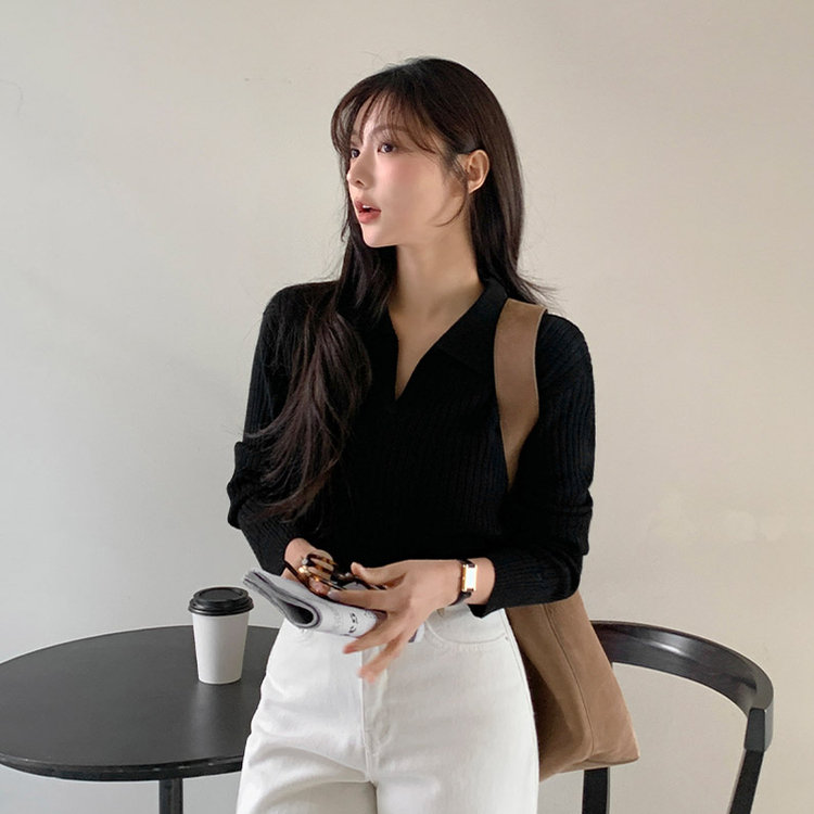 [ウール含有] ネル リブ オープンカラー ニット BLACK