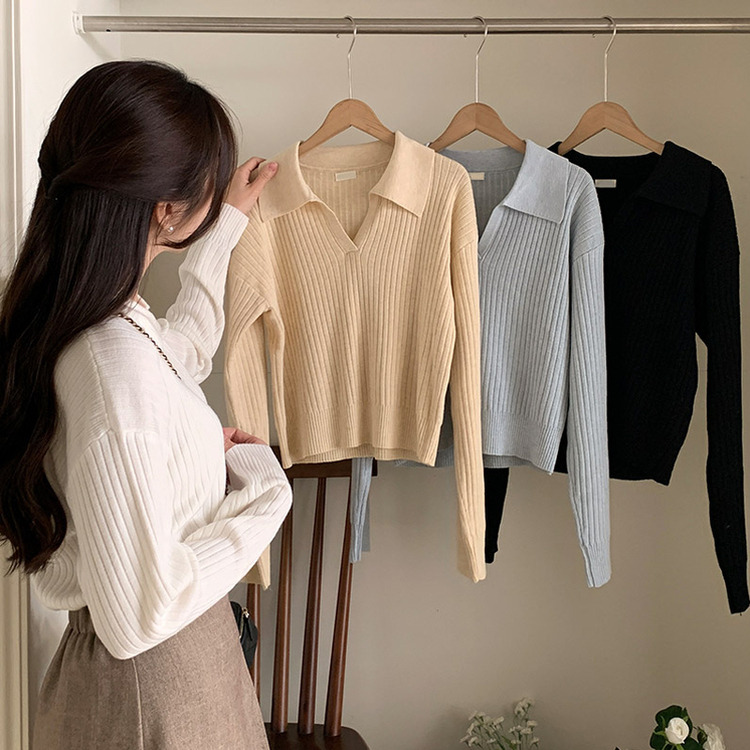 [ウール含有] ネル リブ オープンカラー ニット