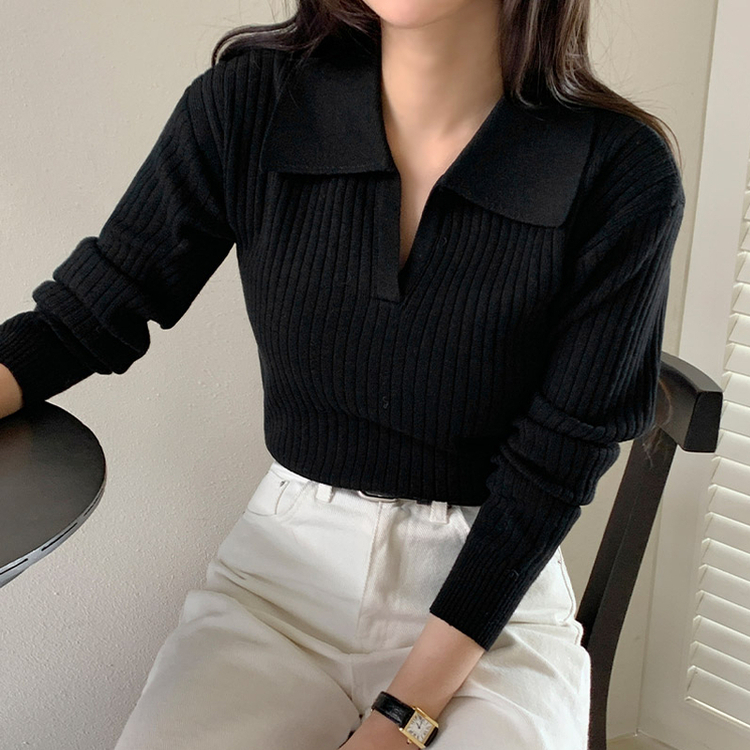 [ウール含有] ネル リブ オープンカラー ニット BLACK