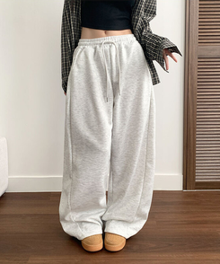 치카 사이드핀턱 밴딩 백포켓 와이드 밑단스트링 와이드 팬츠 백멜란지