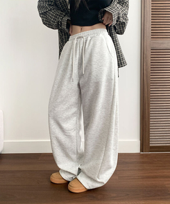 치카 사이드핀턱 밴딩 백포켓 와이드 밑단스트링 와이드 팬츠 백멜란지