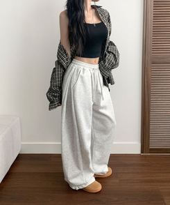 치카 사이드핀턱 밴딩 백포켓 와이드 밑단스트링 와이드 팬츠 백멜란지