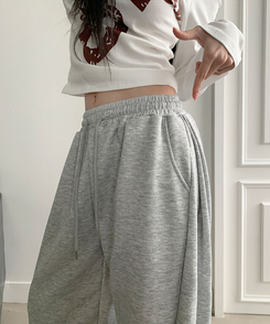 치카 사이드핀턱 밴딩 백포켓 와이드 밑단스트링 와이드 팬츠 그레이