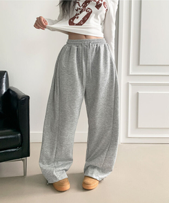 치카 사이드핀턱 밴딩 백포켓 와이드 밑단스트링 와이드 팬츠 그레이