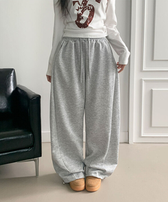 치카 사이드핀턱 밴딩 백포켓 와이드 밑단스트링 와이드 팬츠 그레이