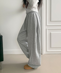 치카 사이드핀턱 밴딩 백포켓 와이드 밑단스트링 와이드 팬츠 그레이