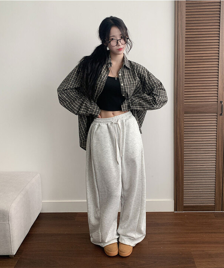 치카 사이드핀턱 밴딩 백포켓 와이드 밑단스트링 와이드 팬츠 백멜란지