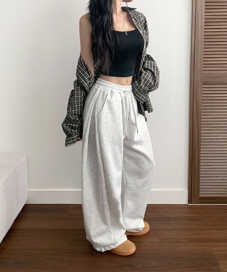 치카 사이드핀턱 밴딩 백포켓 와이드 밑단스트링 와이드 팬츠 백멜란지