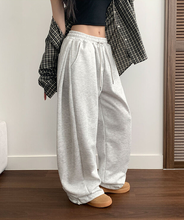 치카 사이드핀턱 밴딩 백포켓 와이드 밑단스트링 와이드 팬츠 백멜란지