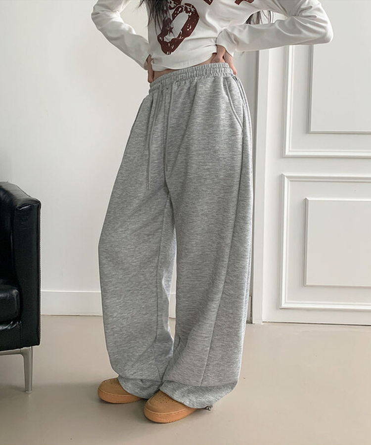 치카 사이드핀턱 밴딩 백포켓 와이드 밑단스트링 와이드 팬츠 그레이