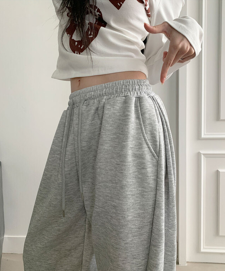치카 사이드핀턱 밴딩 백포켓 와이드 밑단스트링 와이드 팬츠 그레이
