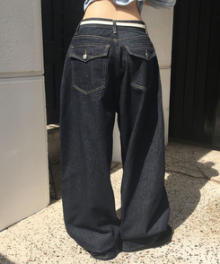 【SHORT/LONG 丈別】ワイドデニムパンツ DARK BLUE