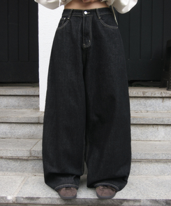 【SHORT/LONG 丈別】ワイドデニムパンツ BLACK DENIM